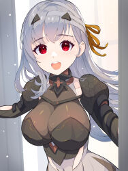 Rule 34 | 1girl, :d, armor, bandaged head, bandages, bodysuit, breasts, collarbone, covered navel, goddess of victory: nikke, grey hair, hair behind ear, hair ribbon, highres, large breasts, long hair, looking at viewer, mecha musume, modernia (nikke), open mouth, red eyes, ribbon, shiny clothes, shoulder armor, single sidelock, skin tight, smile, solo, teeth, upper teeth only, yako noir (kei-ne), yellow ribbon