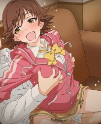 Rule 34 | 1boy, 1girl, :d, blush, bow, breasts, brown eyes, brown hair, censored, clothed sex, collared shirt, dress shirt, grabbing, grabbing another&#039;s breast, grabbing from behind, happy sex, hetero, honda mio, hood, hooded jacket, idolmaster, idolmaster cinderella girls, jacket, large breasts, long sleeves, looking back, miniskirt, mosaic censoring, oekaki, one side up, open mouth, penis, pink jacket, pleated skirt, school uniform, sex, shirt, short hair, skirt, smile, solo focus, sweat, swept bangs, tomu (tomubobu), track jacket, vaginal, white shirt, yellow bow, yellow skirt, zipper pull tab