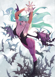 1girl absurdres animal_print armpits bare_shoulders bat_(animal) bat_print black_leotard black_nails boots breasts bridal_gauntlets cleavage clothing_cutout collarbone comiket comiket_105 darkstalkers fingernails floating_hair fujii_eishun full_body fur-trimmed_leotard fur_trim green_eyes green_hair hands_up head_wings heart_cutout high_heel_boots high_heels highleg highleg_leotard highres large_breasts leotard long_hair morrigan_aensland pantyhose print_pantyhose purple_pantyhose sharp_fingernails smile solo standing standing_on_animal standing_on_one_leg strapless strapless_leotard wings