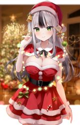 Rule 34 | 1girl, bare arms, belt, blurry, breasts, capelet, christmas lights, cleavage, cowboy shot, depth of field, dress, fur trim, green eyes, grey hair, hand up, hat, highres, large breasts, layered dress, long hair, looking at viewer, mayo (miyusa), multicolored hair, original, red dress, red hat, santa costume, santa hat, smile, solo, standing, strapless, strapless dress, two-tone hair