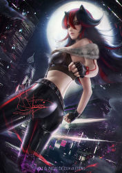 Rule 34 | 1girl, animal ears, ass, axsen, black gloves, black hair, black pants, breasts, building, crop top, fingerless gloves, from behind, full moon, gloves, hair between eyes, highres, long hair, looking at viewer, medium breasts, moon, multicolored hair, night, outdoors, pants, parted lips, personification, red eyes, red hair, shadow the hedgehog, signature, solo, standing, tight clothes, tight pants, two-tone hair, very long hair, watermark, wolf ears