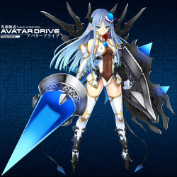 Rule 34 | 1girl, armor, bare shoulders, barefoot, blue background, blue eyes, blue hair, breasts, character request, copyright name, covered navel, elbow gloves, english text, facial mark, flower, forehead mark, full body, gloves, greaves, hair flower, hair ornament, headgear, high heels, holding, hotori (sion), huge weapon, kousoku kidou avatar drive, lance, leotard, long hair, matching hair/eyes, navel, pointy ears, polearm, see-through, shield, sidelocks, solo, spear, standing, thighhighs, weapon, white gloves, white thighhighs
