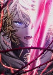Rule 34 | 1boy, absurdres, blonde hair, blue eyes, cape, collared shirt, colored eyelashes, commentary request, fangs, glowing, glowing weapon, highres, hyakuya mikaela, len-daasan-0305, male focus, open mouth, owari no seraph, shirt, short hair, solo, sword, thorns, wavy hair, weapon, white cape