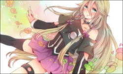 Rule 34 | 1girl, bad id, bad pixiv id, bare shoulders, blue eyes, bow, braid, flower, hair bow, ia (vocaloid), long hair, looking at viewer, off shoulder, pekikokko, petals, pink hair, single thighhigh, smile, solo, thigh strap, thighhighs, twin braids, vocaloid
