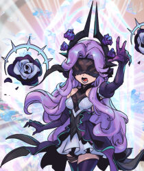 Rule 34 | 1girl, arm up, bare shoulders, black dress, blindfold, breasts, commentary, cowboy shot, dress, elbow gloves, flower, gloves, horns, league of legends, long hair, lower teeth only, multicolored background, multicolored clothes, multicolored dress, open mouth, phantom ix row, pink hair, purple flower, purple gloves, small breasts, solo, symbol-only commentary, syndra, teeth, thighhighs, tongue, white dress, withered rose syndra