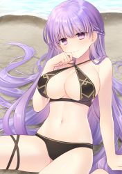 Rule 34 | 1girl, absurdly long hair, absurdres, beach, bikini, black bikini, breasts, cleavage, collarbone, commission, commissioner upload, fire emblem, fire emblem: the binding blade, fujiwara minaho, hand on own face, highres, huge filesize, large breasts, long hair, navel, nintendo, ocean, purple eyes, purple hair, sand, shore, sitting, smile, solo, sophia (fire emblem), swimsuit, thigh strap, underboob, very long hair, water
