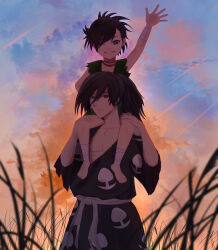 Rule 34 | 1boy, 1girl, arm up, bandages, barefoot, black hair, blurry, blurry foreground, carrying, cloud, dororo (character), dororo (tezuka), hair between eyes, hair over one eye, hyakkimaru (dororo), japanese clothes, kento128945, kimono, long hair, looking at viewer, one eye closed, outdoors, piggyback, ponytail, short hair, smile, sunset, torn clothes