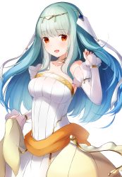 Rule 34 | 1girl, :d, bad id, bad pixiv id, blue hair, blunt bangs, breasts, choker, cleavage, collarbone, detached sleeves, dress, fire emblem, fire emblem: the blazing blade, fire emblem heroes, floating hair, long hair, medium breasts, ninian, nintendo, open mouth, red eyes, ringozaka mariko, sideboob, simple background, sleeveless, sleeveless dress, smile, solo, standing, striped clothes, striped dress, white background, white dress