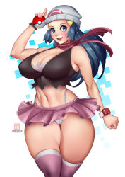 Rule 34 | 1girl, arm up, artist name, bare shoulders, beanie, black shirt, blue eyes, blue hair, blush, bokuman, breasts, cameltoe, cleavage, cleft of venus, clenched hand, creatures (company), crop top, dawn (pokemon), female focus, game freak, hair ornament, hairclip, happy, hat, highleg, highleg panties, holding, holding poke ball, huge breasts, jpeg artifacts, long hair, looking to the side, microskirt, midriff, navel, nintendo, open mouth, panties, pink scarf, pink skirt, pink thighhighs, pleated skirt, poke ball, poke ball (basic), poke ball symbol, poke ball theme, pokemon, pokemon dppt, scarf, shirt, simple background, skindentation, skirt, sleeveless, sleeveless shirt, smile, solo, standing, teeth, thick thighs, thighhighs, thighs, underwear, watch, watermark, white background, white hat, white panties, wristband, wristwatch