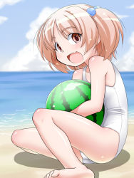 Rule 34 | 1girl, barefoot, beach, brown eyes, brown hair, child, cloud, day, fang, food, fruit, gradient background, hair bobbles, hair ornament, highres, ocean, one-piece swimsuit, onnorefo07, open mouth, original, outdoors, ph-bu, school swimsuit, short hair, sitting, sky, smile, solo, swimsuit, twintails, two side up, watermelon, white one-piece swimsuit, white school swimsuit
