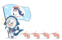 Rule 34 | &gt; &lt;, 1girl, :d, animal, animal hood, bloop (gawr gura), blue footwear, blue hair, blue hoodie, blush, closed eyes, commentary, drawstring, english commentary, fins, fish tail, flag, gawr gura, gawr gura (1st costume), heart, holding, holding flag, hololive, hololive english, hood, hood up, hoodie, kurotofu, long sleeves, multicolored hair, notice lines, open mouth, shark hood, shark tail, sharp teeth, shoes, short eyebrows, shrimp, silver hair, sleeves past fingers, sleeves past wrists, smile, solo, stitches, streaked hair, tail, teeth, thick eyebrows, twitter username, virtual youtuber, walking, white background, xd