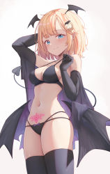 Rule 34 | 1girl, absurdres, arm up, bat hair ornament, bat wings, bikini, black bikini, black gloves, black tail, black thighhighs, black wings, blonde hair, blue eyes, blush, breasts, cleavage, closed mouth, commentary, commission, cowboy shot, demon girl, demon tail, demon wings, elbow gloves, english commentary, gloves, hair ornament, halterneck, head wings, highres, hololive, hololive english, looking at viewer, low wings, medium breasts, multi-strapped bikini, navel, off shoulder, open clothes, pubic tattoo, shironekokfp, short hair, simple background, skindentation, smile, solo, stomach, strap gap, strap pull, string bikini, swimsuit, tail, tattoo, thighhighs, thighs, virtual youtuber, watson amelia, white background, wings