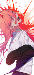 Rule 34 | 1girl, absurdres, blood, blood on face, blood splatter, chainsaw man, character name, collared shirt, commentary, cross-shaped pupils, demon girl, demon horns, fangs, gradient hair, highres, horns, jacket, long hair, looking at viewer, multicolored hair, open clothes, open jacket, open mouth, pink hair, power (chainsaw man), red eyes, red horns, sharp teeth, shirt, simple background, solo, symbol-only commentary, symbol-shaped pupils, teeth, white background, white shirt, yagita (astronomie)