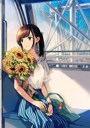 Rule 34 | 1girl, bag, blue sky, blunt bangs, bow, brown eyes, brown hair, charm (object), closed mouth, collarbone, cowboy shot, day, ferris wheel, fingernails, flower, green bow, hair bow, holding, holding flower, kurokeisin, long hair, long skirt, nail polish, original, outdoors, pink nails, ponytail, shirt, short sleeves, shoulder bag, sitting, skirt, sky, smile, solo, striped clothes, striped skirt, sunflower, vertical-striped clothes, vertical-striped skirt, watch, white shirt, wrist straps, wristwatch
