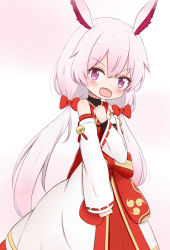 Rule 34 | 1girl, animal ears, bare shoulders, blush, bow, commentary request, detached sleeves, fang, gradient hair, hair between eyes, hair bow, head tilt, honkai (series), honkai impact 3rd, japanese clothes, jiu (sdesd3205), kimono, long hair, long sleeves, looking at viewer, low twintails, multicolored hair, open mouth, pink hair, purple eyes, red bow, ribbon-trimmed sleeves, ribbon trim, silver hair, sleeveless, sleeveless kimono, sleeves past wrists, solo, theresa apocalypse, theresa apocalypse (sakuno rondo), twintails, v-shaped eyebrows, very long hair, white kimono, white sleeves, wide sleeves