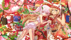 Rule 34 | 2girls, animal ears, arai nobu, back, bad id, bad pixiv id, bandages, bell, blonde hair, bloomers, body writing, bow, camisole, christmas, christmas lights, christmas ornaments, cigarette, fingerless gloves, gift, gloves, hand on own ass, hat, heterochromia, holly, jewelry, jingle bell, long hair, luna ruler, monica blanchflower, multiple girls, necklace, original, pink eyes, pink hair, rabbit ears, red eyes, ribbon, smoking, stuffed animal, stuffed rabbit, stuffed toy, symbol-shaped pupils, teddy bear, twintails, underwear, very long hair, wreath, yuri
