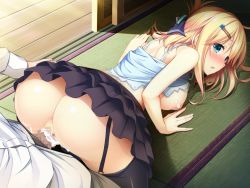 Rule 34 | 1boy, 1girl, :o, all fours, ass, back, black skirt, black thighhighs, blonde hair, blush, bow, breasts, camisole, censored, clothes lift, cum, cum in pussy, doggystyle, folded ponytail, frilled skirt, frills, full-face blush, game cg, garter straps, green eyes, hair bow, hair ornament, hairclip, kawanaka moeka, large breasts, light rays, long hair, looking back, mosaic censoring, nipples, penis, rozea (graphmelt), sex, sex from behind, shirt lift, sideboob, sidelocks, skirt, solo focus, thighhighs, top-down bottom-up, tsukiyo no mura