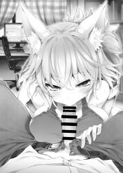 1girl animal_ear_fluff animal_ears bar_censor belt blush bookshelf breasts censored collarbone computer_keyboard desk fellatio greyscale highres large_breasts male_pubic_hair milliwal monitor monochrome oral original pants penis pubic_hair shirt sweat swivel_chair tail veins veiny_penis