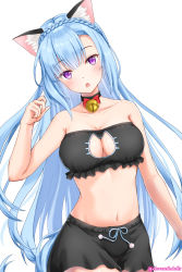 Rule 34 | 1girl, :o, animal ear fluff, animal ears, bare shoulders, bell, black bra, black choker, black skirt, blue hair, blush, bra, braid, breasts, cat cutout, cat day, cat ears, cat lingerie, choker, cleavage, cleavage cutout, clothing cutout, collarbone, commentary request, cowboy shot, crown braid, frilled bra, frills, groin, hair between eyes, hand up, head tilt, highres, horse tail, kemonomimi mode, large breasts, long hair, looking at viewer, mejiro ardan (umamusume), meme attire, midriff, navel, neck bell, open mouth, parted bangs, partial commentary, purple eyes, sidelocks, simple background, skirt, solo, standing, strapless, strapless bra, tail, twitter username, umamusume, umeshiba (eleventhdolls), underwear, underwear only, white background