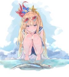 Rule 34 | 1girl, absurdres, animal, betabeet, blonde hair, blue eyes, bonito, cagliostro (granblue fantasy), cameltoe, fish, granblue fantasy, heart, heart-shaped eyewear, highres, lips, long hair, official alternate costume, sailor collar, school swimsuit, soaking feet, solo, squatting, swimsuit, toes, very long hair, wading
