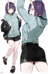 Rule 34 | 1girl, absurdres, arms up, black footwear, black jacket, black skirt, blue hoodie, blush, bob cut, commentary request, contemporary, cropped legs, fate/grand order, fate (series), fingernails, garin, grin, hands up, highres, hood, hood down, hoodie, horns, jacket, looking at viewer, multiple views, nail polish, off shoulder, oni, open clothes, open jacket, profile, purple eyes, purple hair, red nails, shoes, shuten douji (fate), simple background, skin-covered horns, skirt, smile, sneakers, socks, standing, standing on one leg, white background, white legwear