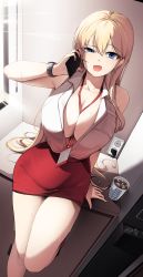 Rule 34 | 1girl, :o, bare arms, bare shoulders, between breasts, blonde hair, blouse, blue eyes, breasts, cellphone, coffee cup, collarbone, collared shirt, cup, ddangbi, disposable cup, electrical outlet, electrical outlet, foot up, furrowed brow, highres, holding, holding phone, ice, ice cube, lanyard, large breasts, leaning back, long hair, looking at viewer, office lady, open mouth, original, pencil skirt, phone, red skirt, shirt, shirt tucked in, skirt, sleeveless, sleeveless shirt, smartphone, solo, sweat, talking on phone, thighs, unbuttoned, unbuttoned shirt, watch, white shirt, wristwatch