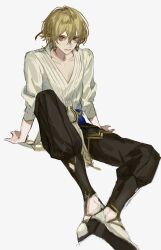 Rule 34 | 1boy, black pants, blonde hair, buming (0hate4), closed mouth, collarbone, full body, genshin impact, highres, kaveh (genshin impact), looking at viewer, male focus, pants, red eyes, shirt, shoes, short hair, sitting, solo, white background, white shirt