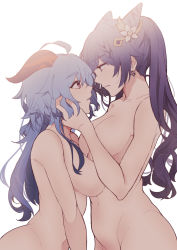 Rule 34 | 2girls, absurdres, blue hair, breasts, cheschorv, completely nude, earrings, from side, ganyu (genshin impact), genshin impact, hand on another&#039;s face, highres, horns, jewelry, keqing (genshin impact), long hair, looking at another, midriff, multiple girls, nude, purple hair, yuri