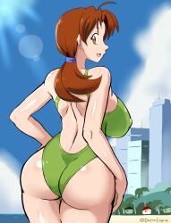 Rule 34 | 1girl, :d, ahoge, ass, breasts, brown eyes, brown hair, commentary, covered erect nipples, creatures (company), darm engine, delia ketchum, english commentary, from behind, game freak, green one-piece swimsuit, huge ass, large breasts, looking at viewer, looking back, mature female, nintendo, one-piece swimsuit, open mouth, outdoors, pokemon, pokemon (anime), pokemon (classic anime), pokemon ep018, ponytail, scrunchie, smile, swimsuit, thick thighs, thighs, wide hips