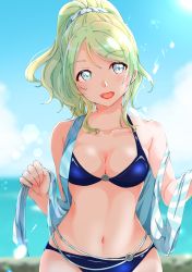 Rule 34 | 1girl, :d, absurdres, ayase eli, bikini, blonde hair, blue bikini, blue eyes, blue sky, blurry, blurry background, breasts, cleavage, cloud, collarbone, day, hair between eyes, hair ornament, hair scrunchie, high ponytail, highres, kobayashi nyoromichi, long hair, love live!, love live! school idol project, medium breasts, ocean, open mouth, outdoors, scrunchie, sky, smile, solo, standing, swimsuit, white scrunchie