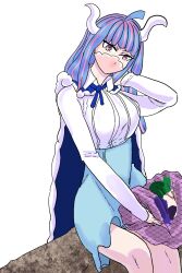 Rule 34 | 1girl, blue hair, blue skirt, breasts, cape, covered mouth, dress, high-waist skirt, horse girl, large breasts, long hair, mask, mouth mask, multicolored hair, neck ribbon, one piece, pink eyes, ribbon, shirt, sitting, sitting on person, skirt, solo focus, sorambk, striped clothes, thighhighs, ulti (one piece), white background, white shirt