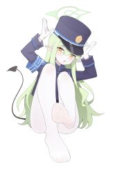 Rule 34 | 1girl, :o, absurdres, armband, arms up, black hat, black jacket, black tail, blue archive, blue armband, commentary request, full body, gloves, green hair, green halo, hair between eyes, halo, hat, highres, hikari (blue archive), jacket, leg up, light blush, long hair, long sleeves, looking at viewer, no shoes, open mouth, pantyhose, peaked cap, sidelocks, simple background, soles, solo, tail, toes, white background, white gloves, white pantyhose, wl217 (nicexa111), yellow eyes