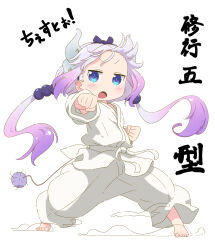 Rule 34 | 1girl, barefoot, beads, blue eyes, blush, bow, bow hairband, clenched hand, commentary, dougi, dragon girl, dragon horns, dragon tail, gradient hair, hair beads, hair bow, hair ornament, hairband, highres, horns, jitome, kanna kamui, karate gi, kobayashi-san chi no maidragon, low twintails, multicolored hair, open mouth, purple bow, purple hair, purple hairband, raised fist, samansa ex, simple background, solo, tail, translation request, twintails, white background