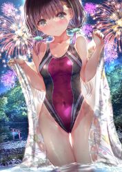 Rule 34 | 1girl, absurdres, black one-piece swimsuit, blue eyes, blush, bra, breasts, brown hair, cleavage, closed mouth, collarbone, competition swimsuit, covered navel, fireworks, hair ornament, hair scrunchie, highres, holding, holding clothes, long hair, looking at viewer, night, ogata tei, one-piece swimsuit, original, outdoors, river, riverbank, scrunchie, sky, small breasts, solo, swimsuit, thigh gap, tree, twintails, underwear, water