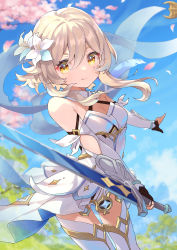 Rule 34 | 1girl, absurdres, blonde hair, blue sky, cherry blossoms, cowboy shot, day, dress, fingerless gloves, flower, genshin impact, gloves, hair flower, hair ornament, hatsuga (dmaigmai), highres, holding, holding sword, holding weapon, looking at viewer, lumine (genshin impact), outdoors, petals, scarf, sidelocks, sky, smile, solo, sword, thighhighs, tree, vambraces, weapon, white dress, white scarf, yellow eyes