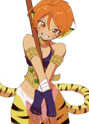 Rule 34 | 1girl, animal ears, breasts, breath of fire, breath of fire ii, bustier, capcom, cat ears, cleavage, facial mark, gloves, green eyes, highres, looking at viewer, medium breasts, ooo, orange hair, pointy ears, rinpoo chuan, short hair, simple background, smile, solo, white background