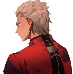 Rule 34 | 1boy, absurdres, archer (fate), black shirt, brown eyes, coat, dark skin, dark-skinned male, expressionless, fate/stay night, fate (series), from behind, hair slicked back, highres, looking back, male focus, nyum, red coat, shirt, short hair, simple background, solo, tsurime, upper body, white background, white hair