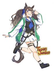 Rule 34 | 1girl, animal ears, belt, black footwear, black hair, black shirt, blue eyes, blue neckerchief, blush, breasts, character name, deong234, green jacket, grin, hand up, highres, horse ears, horse girl, horse tail, jacket, korean commentary, long hair, looking at viewer, multicolored nails, neckerchief, one eye closed, open clothes, open jacket, pendant choker, running, sailor collar, shirt, shoes, simple background, skirt, small breasts, smile, sneakers, socks, solo, tail, thigh strap, tosen jordan (umamusume), twintails, umamusume, v over eye, white background, white skirt, white socks