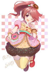 Rule 34 | 10s, 1girl, ;d, bad id, bad pixiv id, brown eyes, brown hair, doughnut, food, hair ornament, hayama eishi, holding, idolmaster, idolmaster cinderella girls, long hair, looking at viewer, mary janes, one eye closed, open mouth, ponytail, shiina noriko, shoes, smile, solo, thighhighs, yellow thighhighs, zettai ryouiki