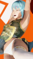 Rule 34 | armpits, blue hair, breasts, china dress, chinese clothes, clothes lift, dead or alive, dead or alive 6, dress, glasses, hair ornament, highres, nico (doa), panties, ryona, screencap, short hair, side-tie panties, skirt, skirt lift, small breasts, striped clothes, striped panties, thighhighs, underwear