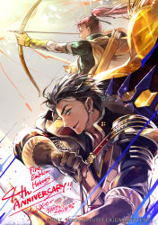 Rule 34 | 2boys, black hair, blue eyes, bow (weapon), claude von riegan, dark-skinned male, dark skin, earrings, facial hair, fire emblem, fire emblem: path of radiance, fire emblem: radiant dawn, fire emblem: three houses, fire emblem heroes, gloves, highres, holding, holding weapon, jewelry, looking at viewer, looking away, multiple boys, nintendo, ponytail, red hair, shinon (fire emblem), wada sachiko, weapon