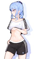 Rule 34 | 1girl, black shorts, blue eyes, blush, breasts, character name, copyright name, crop top, crop top overhang, cropped shirt, highres, hololive, hololive dance practice uniform, hoshimachi suisei, leotard, leotard under clothes, long hair, ma draws, midriff, navel, official alternate costume, shirt, shorts, small breasts, solo, sweatdrop, virtual youtuber, white shirt, workout clothes