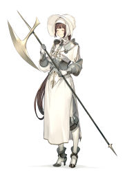 Rule 34 | 1girl, armor, armored boots, armored corset, boots, brown hair, couter, closed eyes, full body, gauntlets, halberd, hat, highres, km yama, original, pale skin, polearm, shoulder armor, side slit, smile, solo, pauldrons, standing, weapon, white background