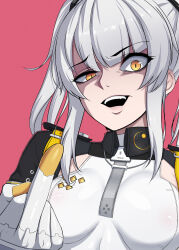 Rule 34 | 1girl, absurdres, breasts, disgust, gloves, grey hair, highres, karenina: scire (punishing: gray raven), karenina (punishing: gray raven), lzypoipoi, medium breasts, medium hair, middle finger, open mouth, orange eyes, punishing: gray raven, red background, shaded face, sidelocks, teeth, two side up, upper teeth only, white gloves