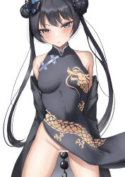 Rule 34 | 1girl, absurdres, anal, anal object insertion, bar censor, beads, black hair, black jacket, blue archive, blush, breasts, butterfly hair ornament, censored, china dress, chinese clothes, double bun, dragon print, dress, grey eyes, hair bun, hair ornament, highres, inkcat, jacket, kisaki (blue archive), long hair, looking at viewer, medium breasts, object insertion, print dress, sex toy, simple background, sleeveless, sleeveless dress, solo, standing, tears, thighs, twintails, white background