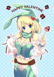 Rule 34 | 1girl, animal ears, arutopian, blonde hair, blue eyes, chocolate covered strawberry, corset, food, fruit, hair ornament, hairpin, happy valentine, heart, heart hair ornament, hood, long hair, rabbit ears, ragnarok online, ranger, ranger (ragnarok online), scarf, smile, solo, strawberry, valentine