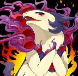 Rule 34 | commentary request, creatures (company), eyelashes, fire, game freak, hands up, hisuian typhlosion, lassie, looking down, nintendo, open mouth, own hands together, pokemon, pokemon (creature), purple fire, red eyes, sharp teeth, solo, teeth, tongue, upper body