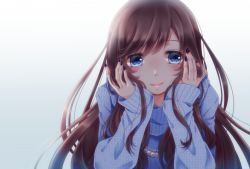 Rule 34 | 1girl, blue eyes, blush, brown hair, eyelashes, gradient background, hands on own cheeks, hands on own face, jewelry, long hair, long sleeves, looking at viewer, nail polish, necklace, original, pearl necklace, sakuyabm, smile, solo, sweater, upper body