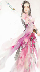 Rule 34 | 1girl, armlet, bare shoulders, black eyes, black hair, blurry, bracelet, character request, chinese text, commentary, dress, facial mark, flower, forehead mark, hair flower, hair ornament, holding, holding sword, holding weapon, jewelry, jian xia qing yuan (series), jianxia qingyuan (series), jianxia qingyuan shouyou, lips, long hair, looking at viewer, mian lang, necklace, official art, parted lips, pink dress, pink theme, see-through, shawl, simple background, solo, standing, sword, very long hair, weapon