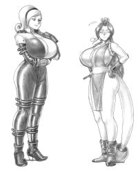 Rule 34 | 2girls, :t, absurdres, annoyed, artist name, artist request, bare legs, blonde hair, bodysuit, boots, breast awe, breast contest, breast envy, breasts, brown hair, cleavage, closed eyes, comparison, curly hair, fatal fury, gloves, greyscale, hairband, hand fan, hand on own hip, hand on own chest, height difference, highres, huge breasts, japanese clothes, jealous, kimono, large breasts, lien neville, light blush, monochrome, multiple girls, ninja, no bra, ponytail, pout, revealing clothes, rivalry, sash, shadowpencil, shiranui mai, sigh, smile, smirk, standing, tabi, tactical clothes, the king of fighters, thighs, unzipped, white background